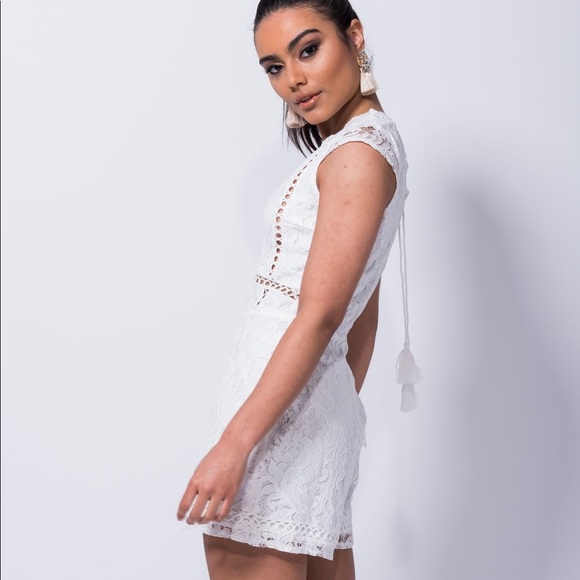 Lace V Neck Playsuit Romper, Color: White - Picture 4 of 8